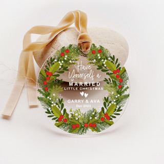 This is a multicolor holiday decorations by Iveta Abolina called personalized acrylic red berries wreath married ornament, set of 1 in standard
