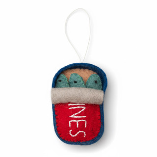 This is a red holiday decorations by Global Goods Partners called felt can of sardines ornament in standard