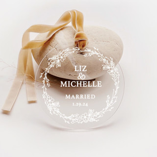 This is a white holiday decorations by Iveta Abolina called personalized acrylic floral wreath married ornament, set of 1 in standard