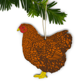 This is a brown holiday decorations by Broderpress called wooden silkscreen chicken ornament in standard