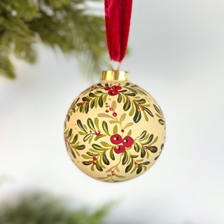 This is a multicolorassorted-colors holiday decorations by Sara Swanson called holiday sprigs on cream - large round ornament in standard