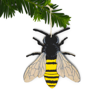 This is a black holiday decorations by Broderpress called wooden silkscreen bee ornament in standard