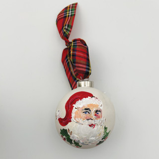 This is a red holiday decorations by Sarah Hall called hand painted santa 3inch ornament in standard