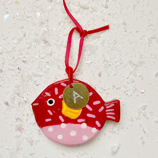 This is a red holiday decorations by AlisonJerry called personalized, hand-made clay red blowfish ornament in standard