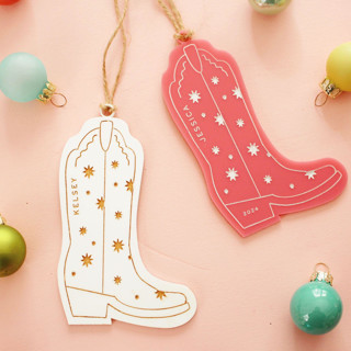 This is a multicolorassorted-colors holiday decorations by Aislinn Minardi called cowgirl boot ornament in standard