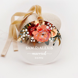 This is a red holiday decorations by Iveta Abolina called personalized acrylic fall dahlia peony married ornament, set of 1 in standard