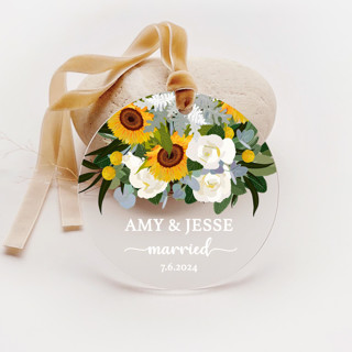 This is a multicolor holiday decorations by Iveta Abolina called personalized acrylic sunflower white roses married ornament, set of 1 in standard