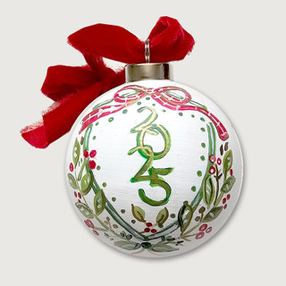 This is a red holiday decorations by AlisonJerry called personalized w/name on the back/2025 ceramic christmas ornament/ 3.5" in standard
