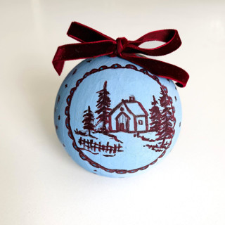 This is a blue holiday decorations by Arohika Verma called hand-painted winter cottage ornament in standard