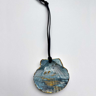 This is a blue holiday decorations by Nicoletta Savod called original hand-painted natural seashell ornament, deep blue, slate & gold in standard