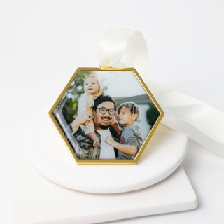 This is a gold holiday decorations by Kimbra Mooers called custom hexagon ornament gold in standard