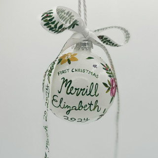 This is a multicolorassorted-colors holiday decorations by Ashley Myers called personalized floral first christmas ornament with painted ribbon in standard