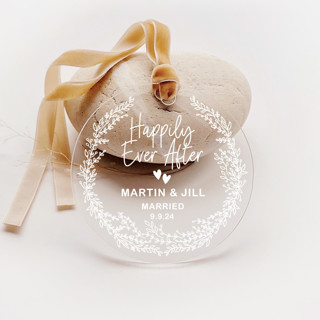 This is a white holiday decorations by Iveta Abolina called personalized acrylic happily ever after married ornament, set of 1 in standard