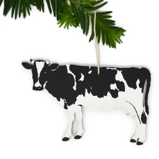 This is a black holiday decorations by Broderpress called wooden silkscreen cow ornament in standard
