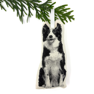 This is a beige holiday decorations by Broderpress called silkscreen border collie ornament in standard