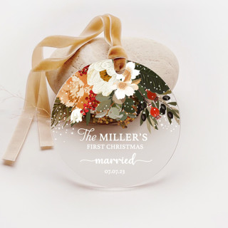 This is a multicolor holiday decorations by Iveta Abolina called personalized acrylic couple's first christmas married ornament, set of 1 in standard