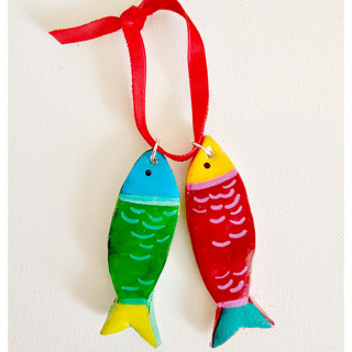 This is a red holiday decorations by AlisonJerry called personalized 2 hand-made sardines, clay ornament in standard