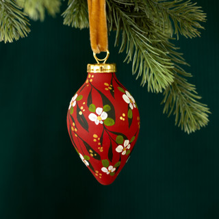 This is a multicolor christmas ornament by Sara Swanson called Holiday Red Floral - Teardrop Shaped Ornament in standard.