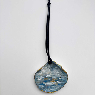 This is a blue holiday decorations by Nicoletta Savod called original hand-painted natural seashell ornament, deep blue, gold & gray in standard