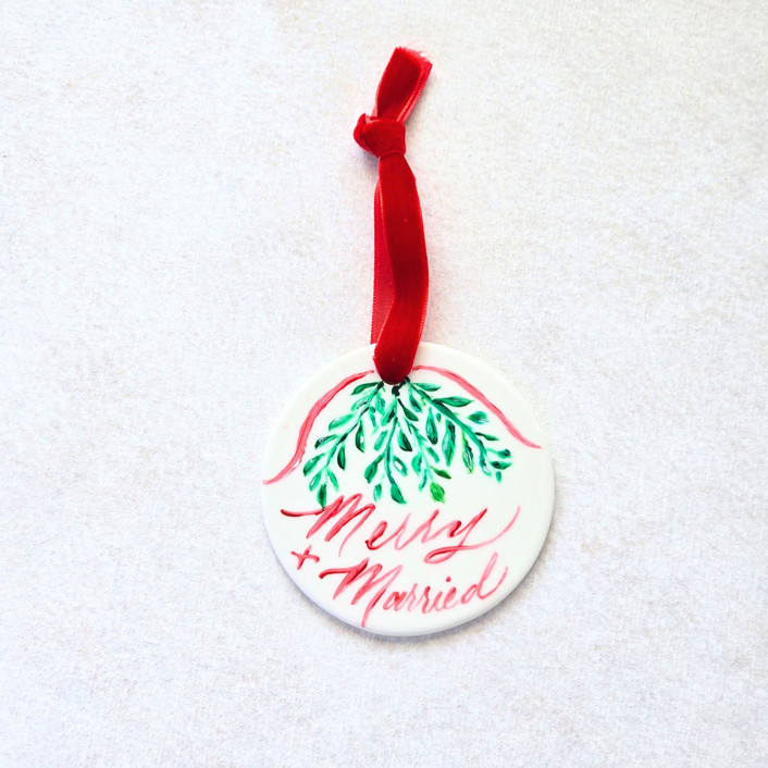 Married & Married- Hand Lettered and Hand-Painted Double-sided Ceramic Ornaments- Personalizable