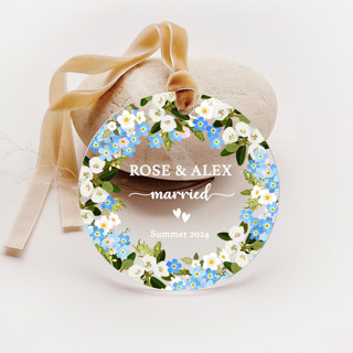 This is a blue holiday decorations by Iveta Abolina called personalized acrylic blue forget me not married ornament, set of 1 in standard