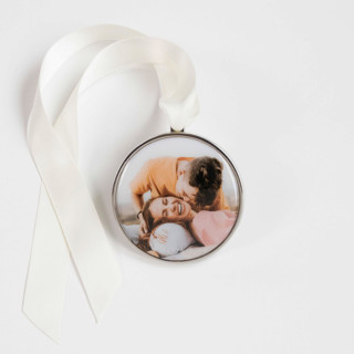 This is a silver holiday decorations by Kimbra Mooers called custom photo ornament silver round in standard