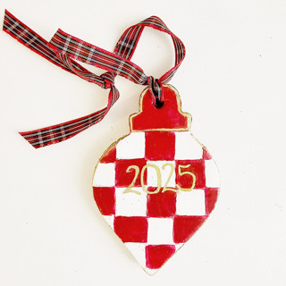 This is a red holiday decorations by AlisonJerry called personalized, hand-made check pattern, 2025 clay ornament in standard
