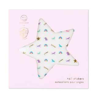 This is a multicolor party favors by Jollity and Co called unicorn + rainbows nail stickers - set of 1 sheet, 100 nail stickers in standard