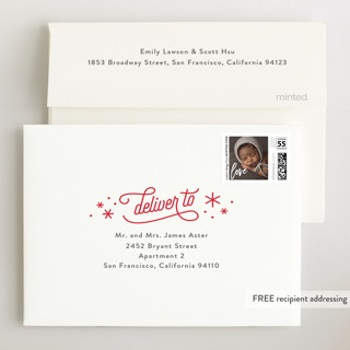 This is a poinsettia kids thank you cards with standard by Jennifer Wick called happier holidays printing on strathmore in standard