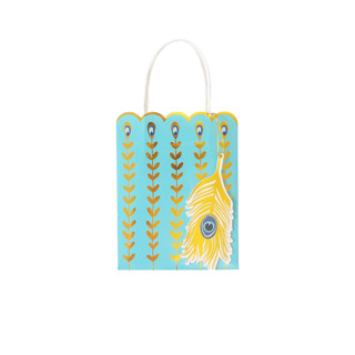 This is a blue party favors by MA FÊTE called peacock feather gift bag - pack of 4 in standard
