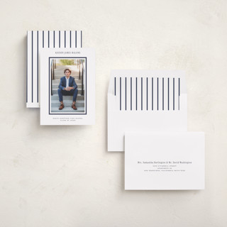 This is a navy graduation announcements with standard by Jennifer Wick called collegiate line printing on recycled smooth signature in standard