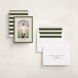 This is a forest graduation announcements with standard by Megan Cash called varsity year printing on recycled smooth signature in standard