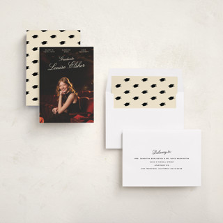 This is a champagne graduation announcements with standard by Pati Cascino called teather printing on recycled smooth signature in standard