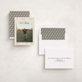 This is a sand graduation announcements with standard by Rachel Cassel called perfectly scripted printing on recycled smooth signature in standard
