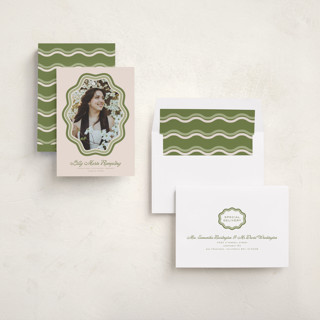 This is a matcha graduation announcements with standard by Melanie Kosuge called scalloped printing on recycled smooth signature in standard