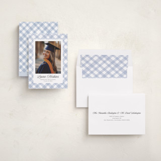 This is a powder graduation announcements with standard by Kampai Designs called gingham printing on recycled smooth signature in standard