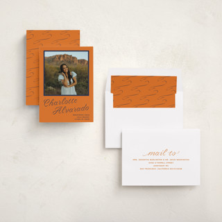 This is a tangerine graduation announcements with standard by Megan Davis called cotillion printing on recycled smooth signature in standard