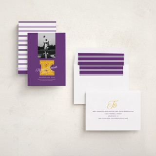 This is a violet graduation announcements with standard by Leia Matt called varsity initial printing on recycled smooth signature in standard