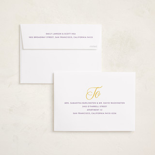 This is a violet graduation announcements with standard by Leia Matt called varsity initial printing on recycled smooth signature in standard