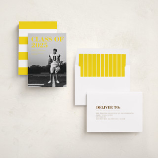 This is a lemon graduation announcements with standard by Emily Sabol Goss called bold headline printing on recycled smooth signature in standard