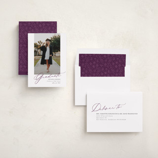This is a plum graduation announcements with standard by Kamala Nahas called minimal script printing on recycled smooth signature in standard