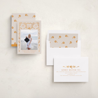This is a tangerine graduation announcements with standard by Petra Kern called grad crest printing on recycled smooth signature in standard