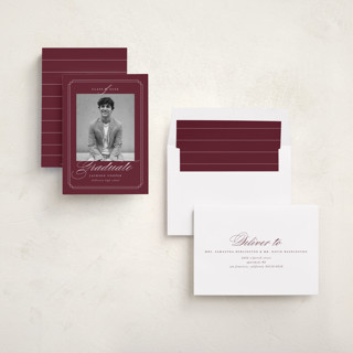 This is a maroon graduation announcements with standard by Ashley Iwafuchi called refined grad printing on recycled smooth signature in standard
