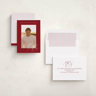 This is a crimson graduation announcements with standard by Stacy Maalouf called grad signature printing on recycled smooth signature in standard