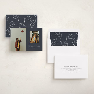 This is a navy graduation announcements with standard by Joyce Pinheiro called go far printing on recycled smooth signature in standard