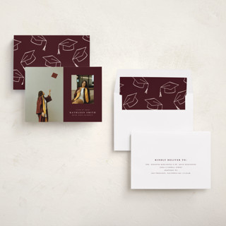 This is a maroon graduation announcements with standard by Joyce Pinheiro called go far printing on recycled smooth signature in standard