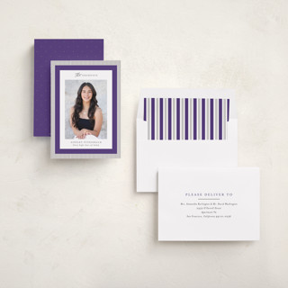 This is a plum graduation announcements with standard by Jackie Crawford called modern striped frame printing on recycled smooth signature in standard
