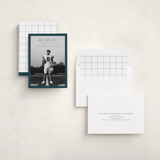 This is a teal graduation announcements with standard by Deynaaz Daraei called balzac printing on recycled smooth signature in standard