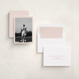 This is a blush graduation announcements with standard by Deynaaz Daraei called balzac printing on recycled smooth signature in standard
