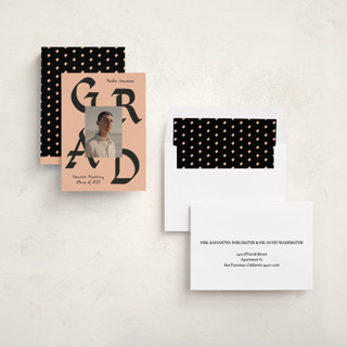 This is a terracotta graduation announcements with standard by Chryssi Tsoupanarias called calligraphic ink printing on recycled smooth signature in standard